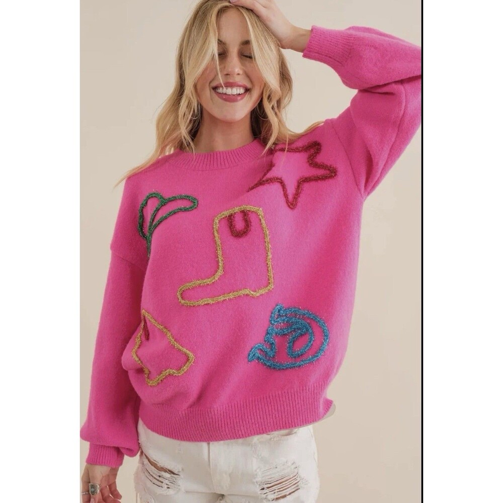 Blue B Collection Metallic Tinsel Yarn Cowboy Sweater Hot Pink Western Sz L